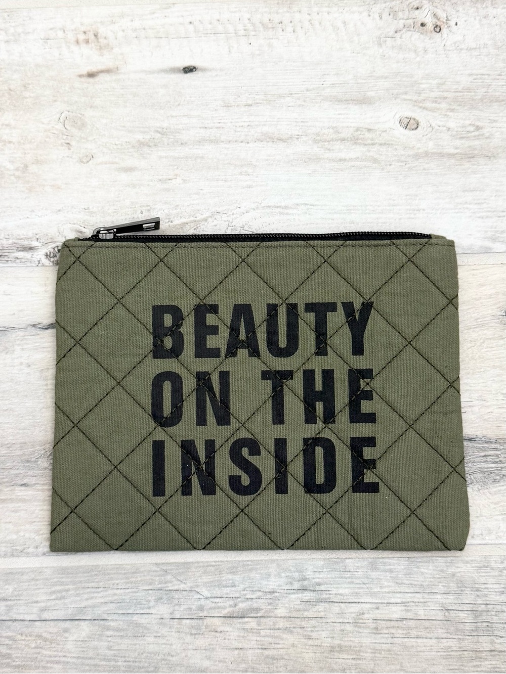 Old Navy Army Green Quilted Cotton Zipper Cosmetic Toiletry Bag